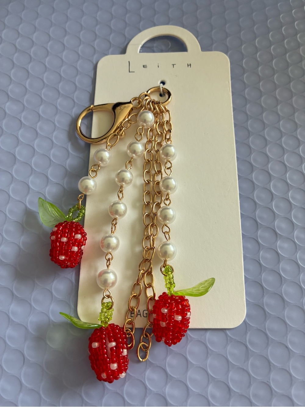 Leith Red Beaded Strawberry Charm Keychain for bags or keys .